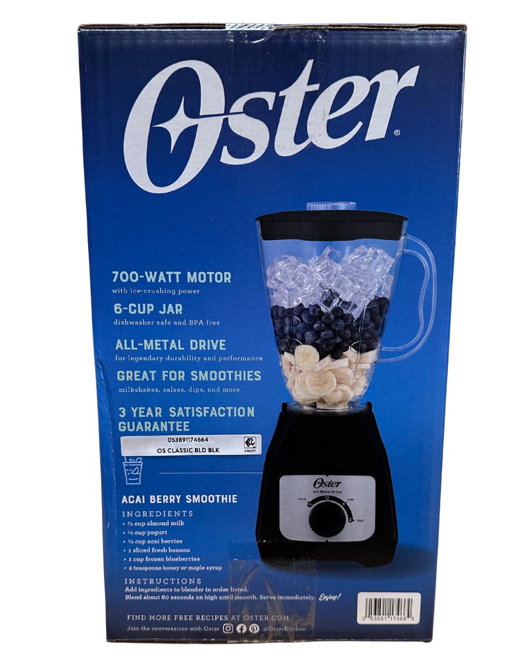 Oster Classic 3-Speed 700W Blender, Black, 6 Cup Jar,
