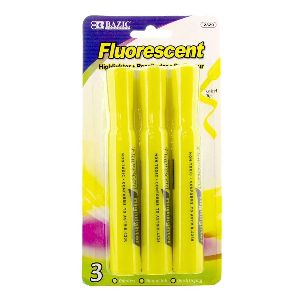 Bazic Fluorescent Yellow Chisel Tip  Highlighter, 3 Pack