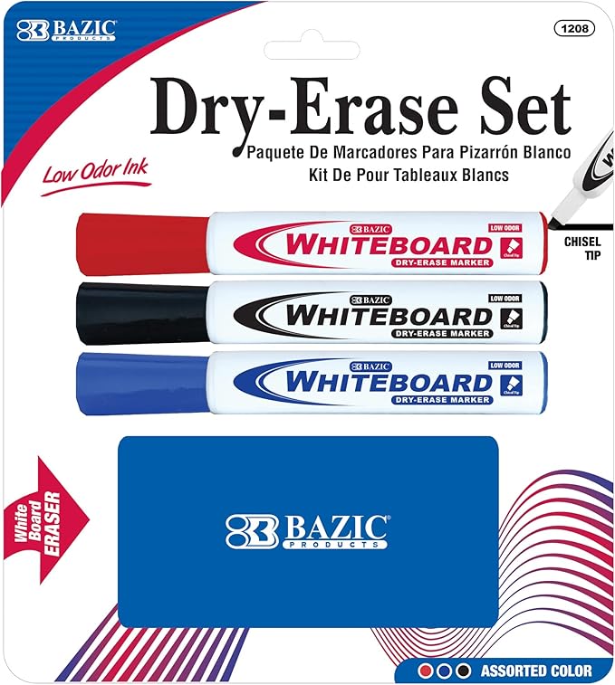 3 Assorted Colors Dry-Erase Chisel Tip Marker Set with Eraser