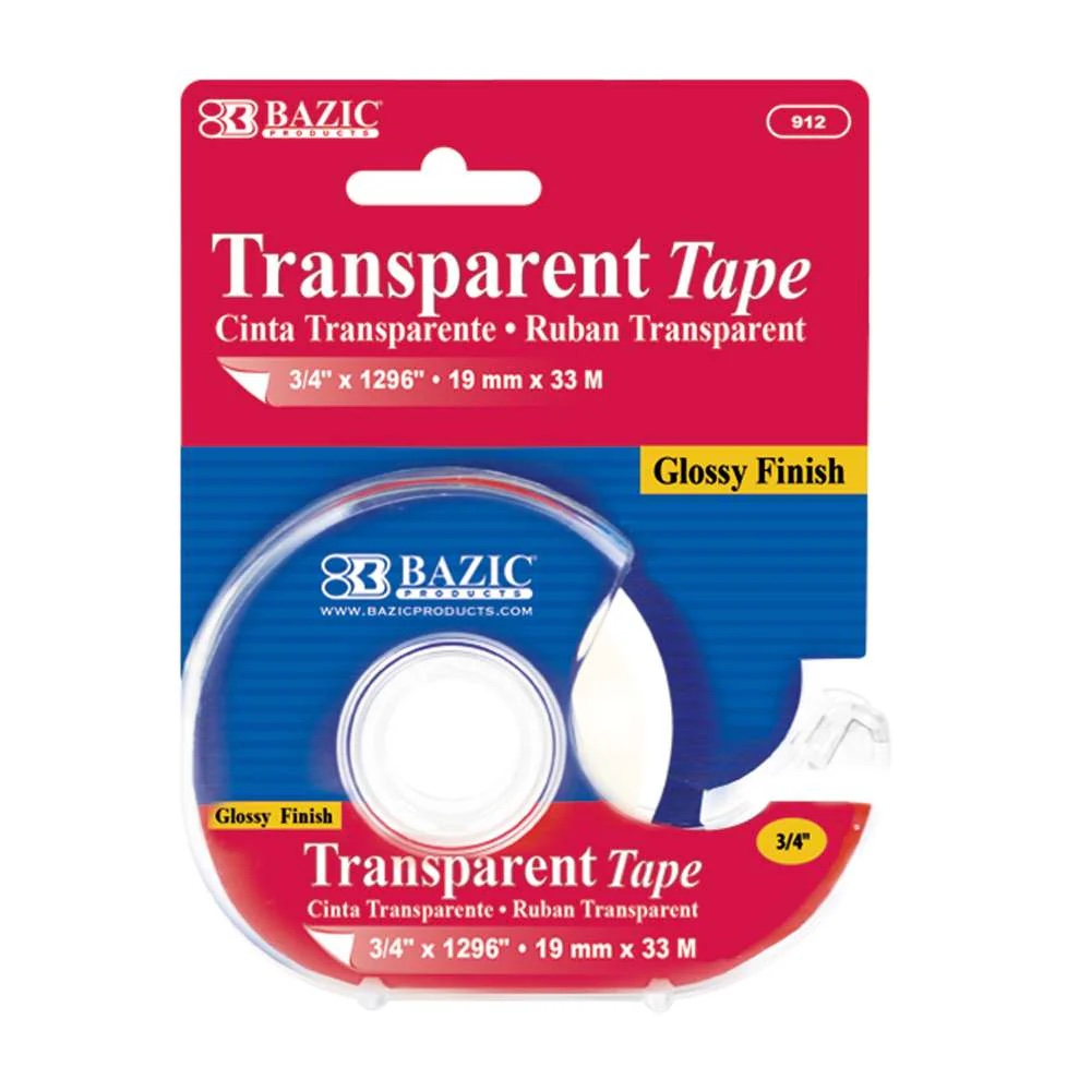 Bazic 3/4" x 1296" Glossy Finish Transparent Tape with Dispenser
